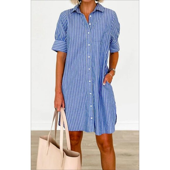 Women Cotton Button Down Shirt Dress Loose Fit Pockets Casual Chic - Picture 2 of 5